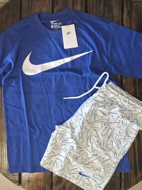 Nike Blue Tee with White Swoosh & White Patterned Shorts (Only Small)